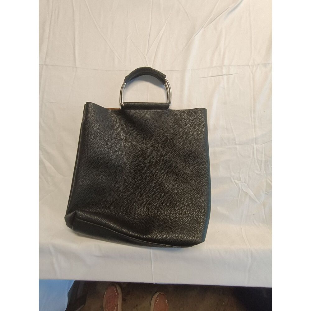 Bond Street Black Pebbled Vegan Leather Tote Bag High Contrast Orange Interior